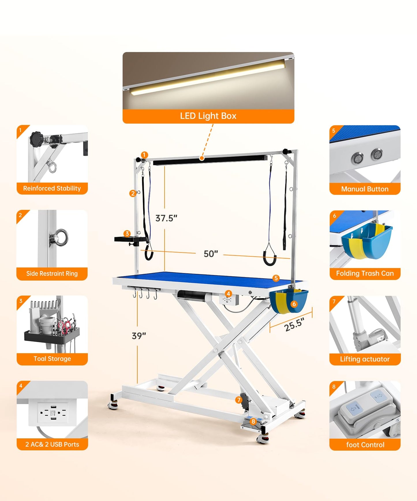 Polimo – Elektrisk hundefrisørbord med LED og høydekontroll