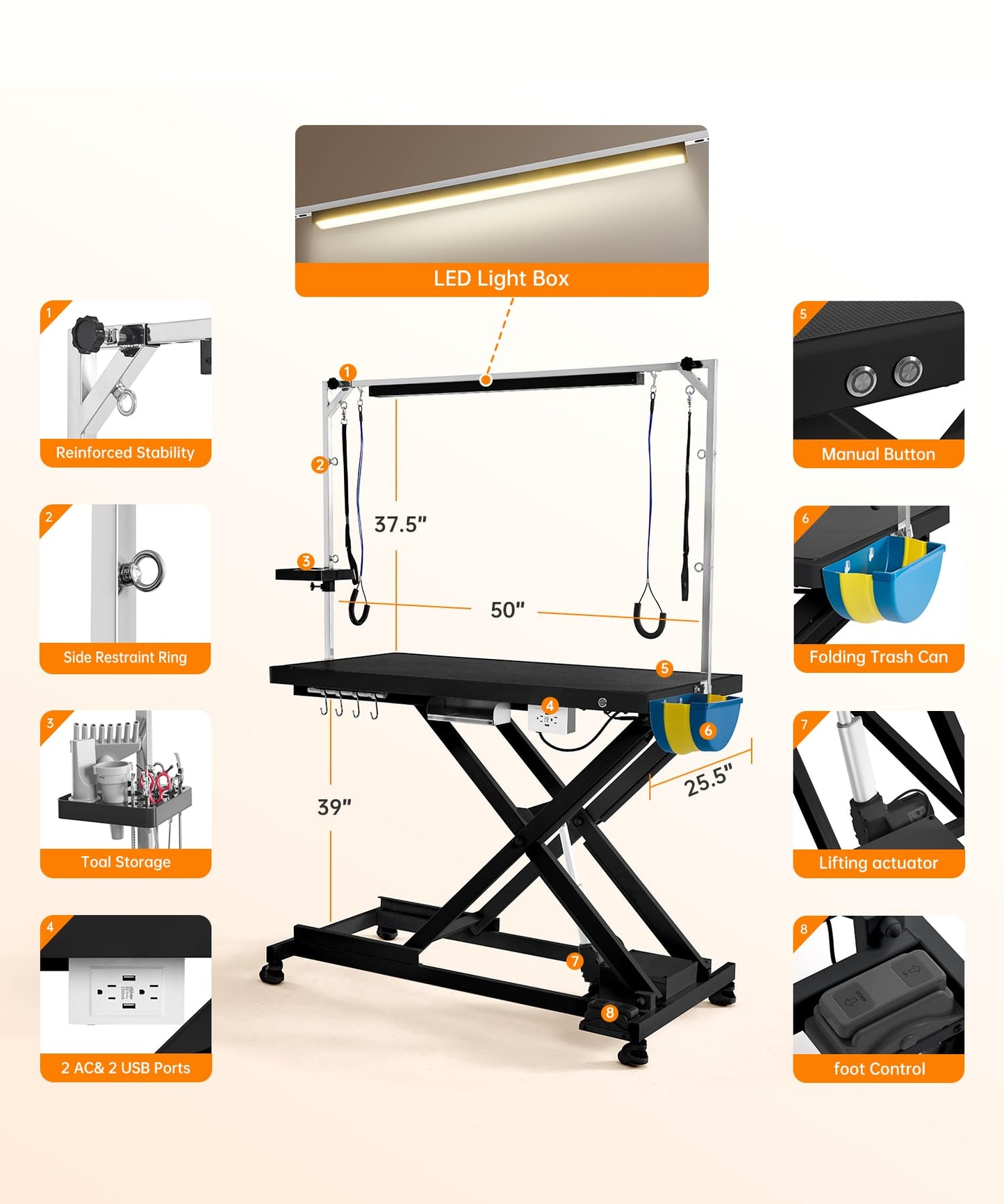 Polimo – Elektrisk hundefrisørbord med LED og høydekontroll